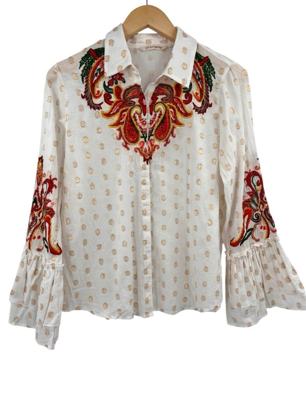 SOFT SURROUNDINGS Women's White Metallic Polka Dot Floral Embroidered Blouse XS